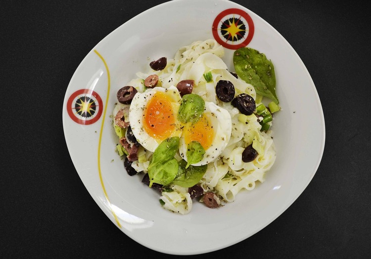 Gluten Free Rice Noodles with Soft Boiled Eggs and Olives Recipe