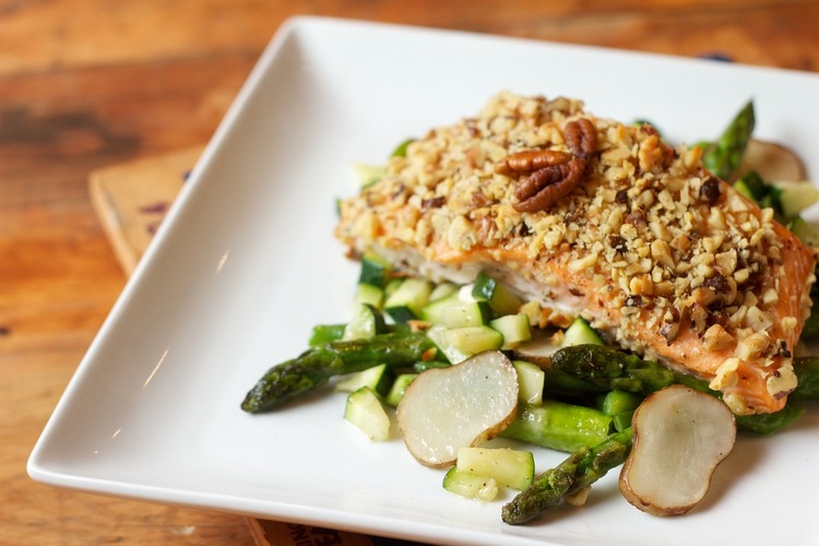 Gluten Free Pecan Crusted Salmon with Asparagus and Potatoes
