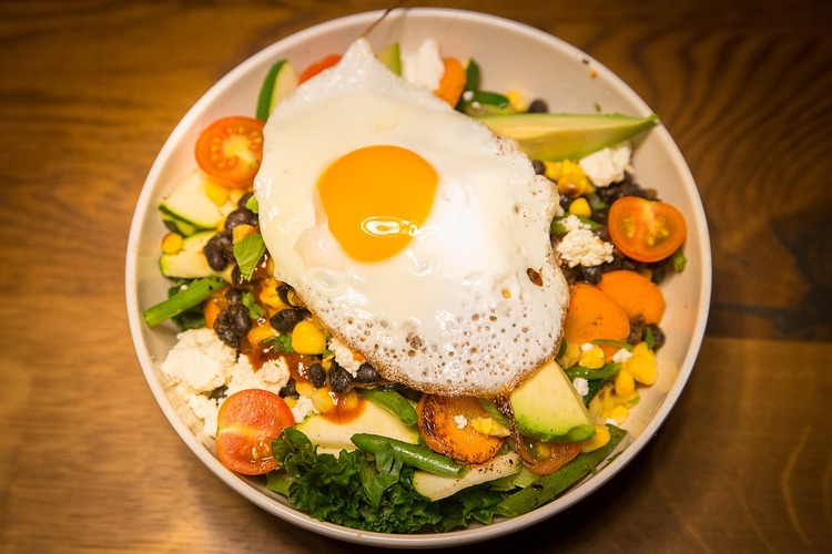 Gluten Free Fried Egg Bowl will Corn, Beans, Tomatoes and Feta Cheese